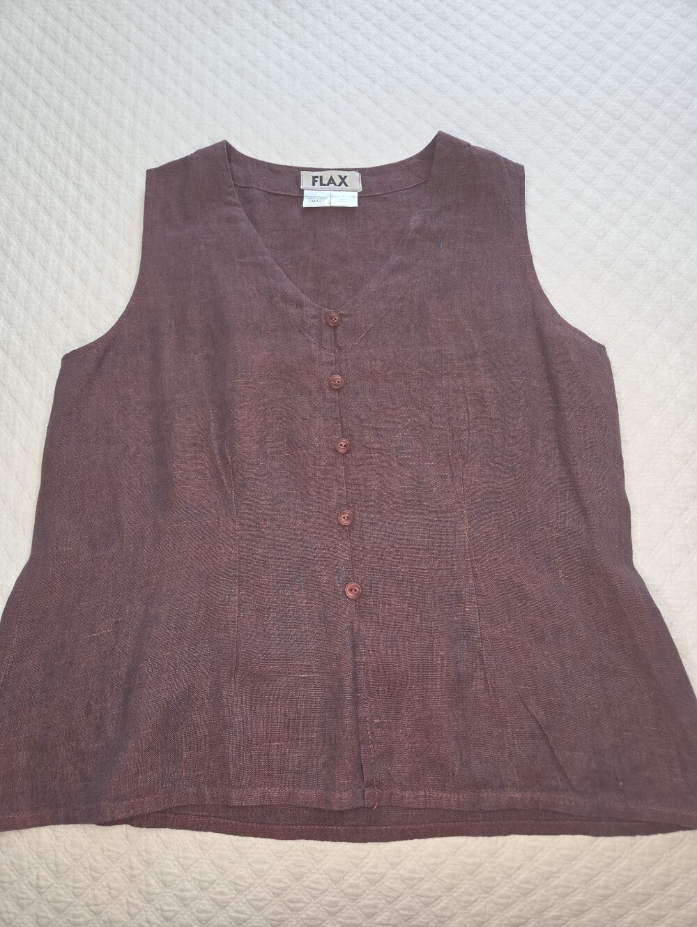Flax 100% Linen Maroon Sleeveless V Neck Faux Button Up Top Size Small